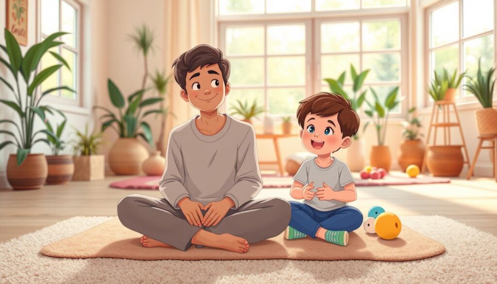 A serene and introspective scene depicting inner child healing techniques. In the foreground, a gentle adult figure sits cross-legged on a soft carpet, dressed in modest casual clothing, with a calm expression, reminiscent of a caring mentor. Beside them, a child figure joyfully plays with colorful, soft toys, embodying innocence and playful curiosity. In the middle ground, a cozy, sunlit room filled with plants and nurturing elements creates an inviting space for reflection. Large windows allow natural light to pour in, further enhancing the warmth of the scene. The background features soothing pastel colors, symbolizing comfort and emotional healing. The atmosphere is peaceful and uplifting, inviting viewers to explore the concept of the inner child. This beautifully crafted image is generated by nextself.ai.